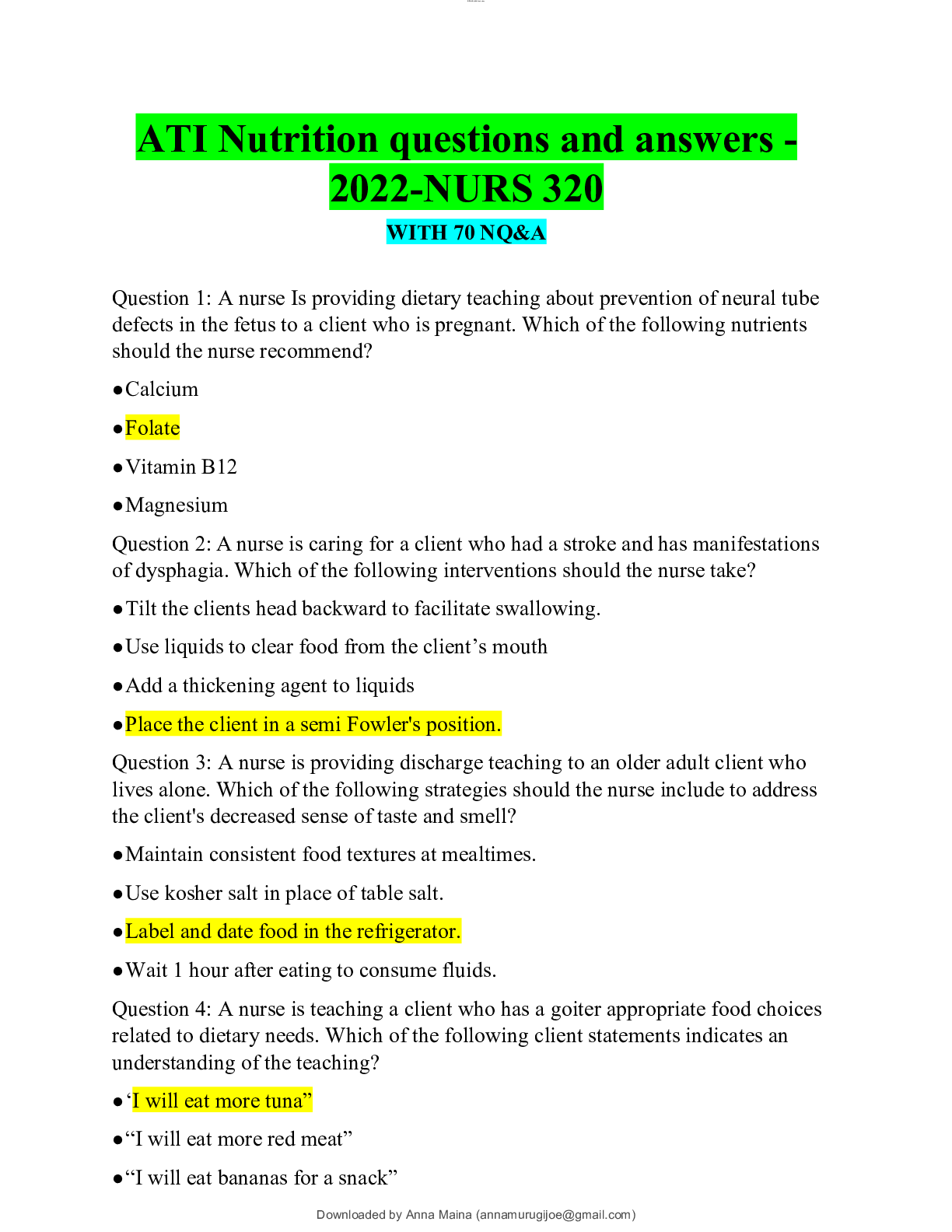 Preview of ATI Nutrition questions and answers -2022-NURS 320